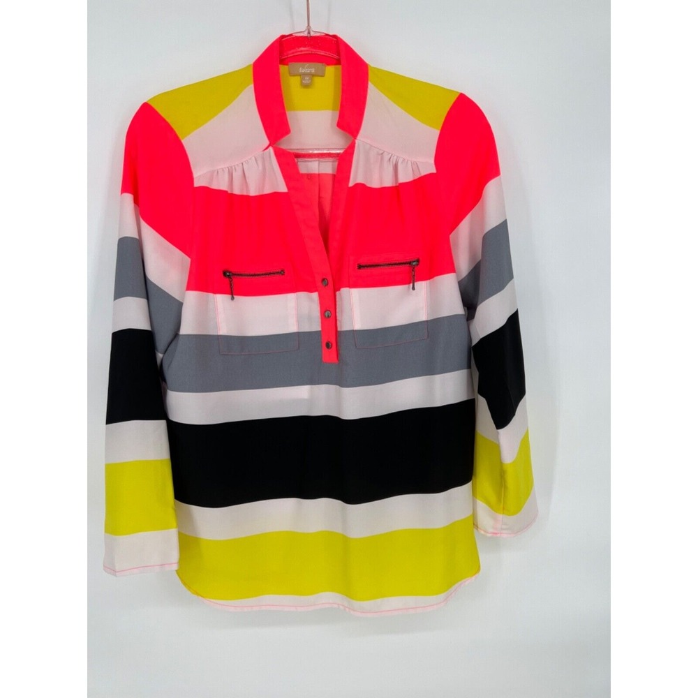Takara‎ Long Sleeve Blouse Neon Pink and Yellow Womens Sz M Striped